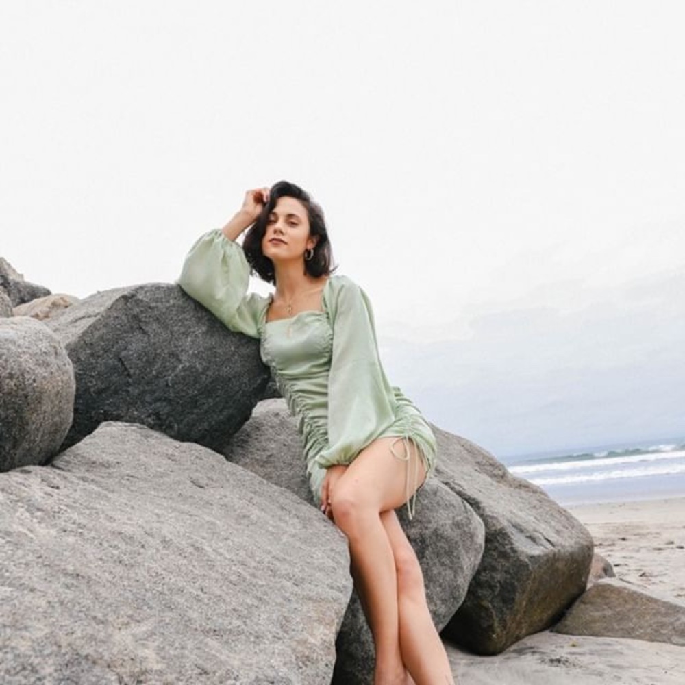 Sage puff sleeve ruched mini dress